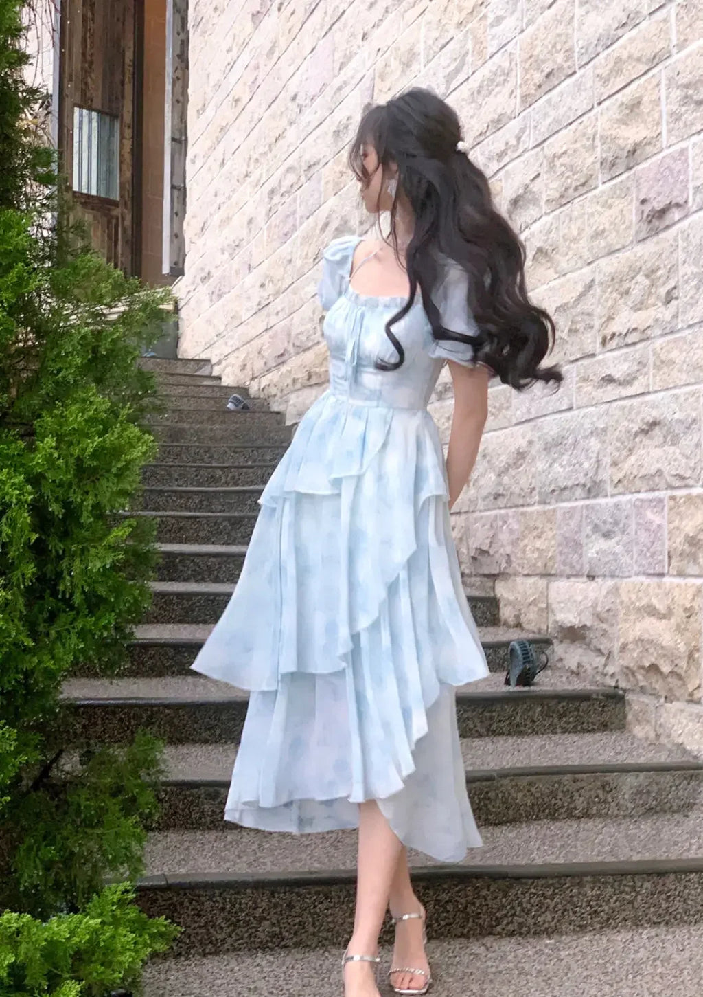 The Giverny Chiffon Gown | French Floral Empire Dress | Square Collar Fold-Detail Midi | Parisian Princess