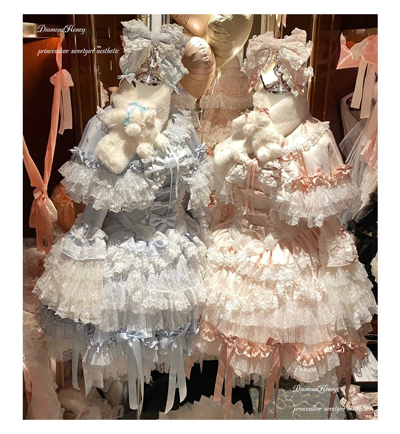 Pink Lolita Princess Dress Women's Bow Lace Heavy Industry Sweet Elegant Birthday Party Evening Dress Lady Suspender Dress Cloak