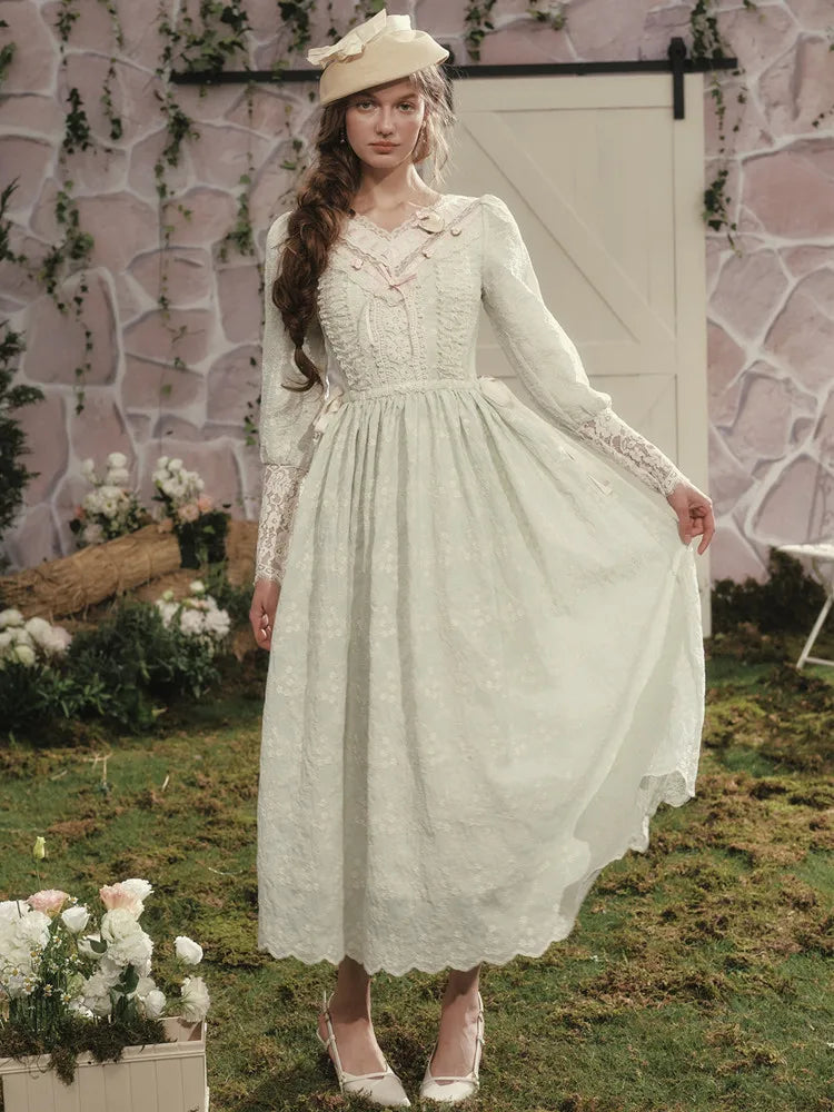 The Giverny Embroidery Gown | French Countryside V-Neck Maxi | Vintage Lantern Sleeve Lace Patchwork Dress | Parisian Princess
