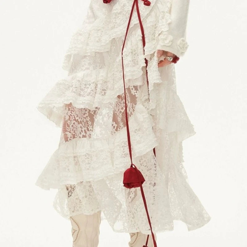 Elegant Fairycore Lace Long Skirts Women Boho Irregular Tulle Layered Skirt Vintage White See Through Holiday Skirts