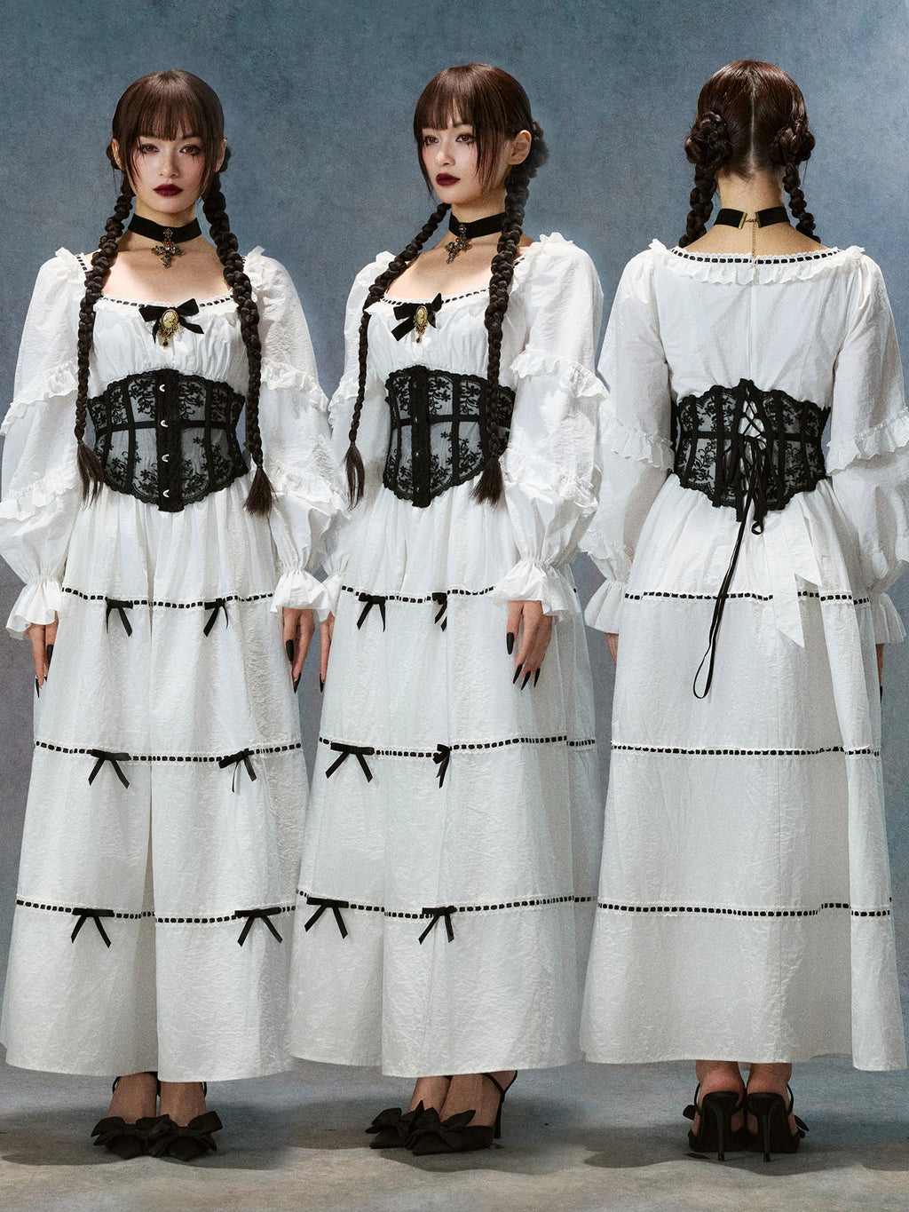 Gothica Parisian Fall White Maxi Dress Women Vintage Elegant Slim Lace Collar Long Sleeve French Halloween Dress