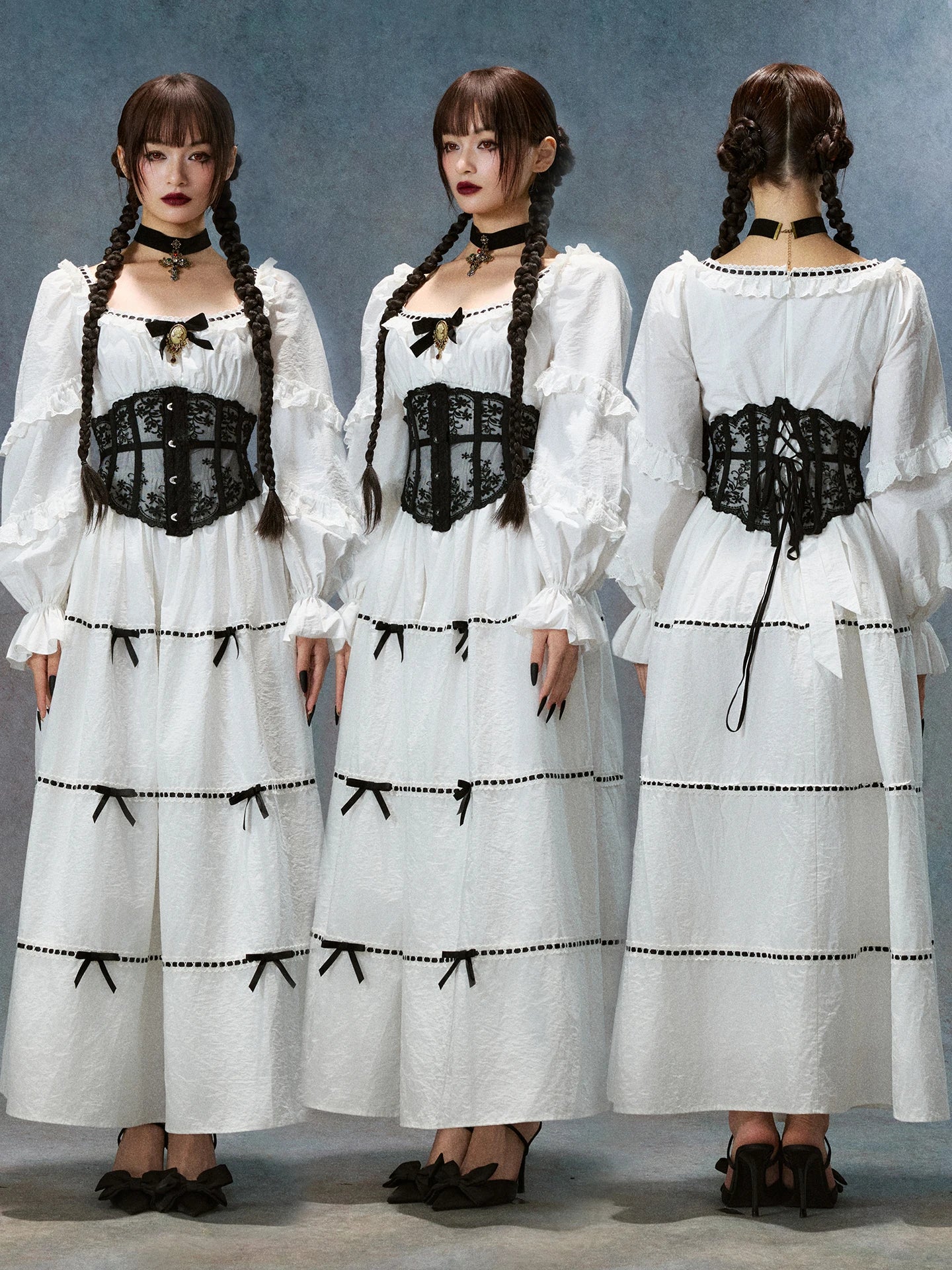 Gothica Parisian Fall White Maxi Dress Women Vintage Elegant Slim Lace Collar Long Sleeve French Halloween Dress