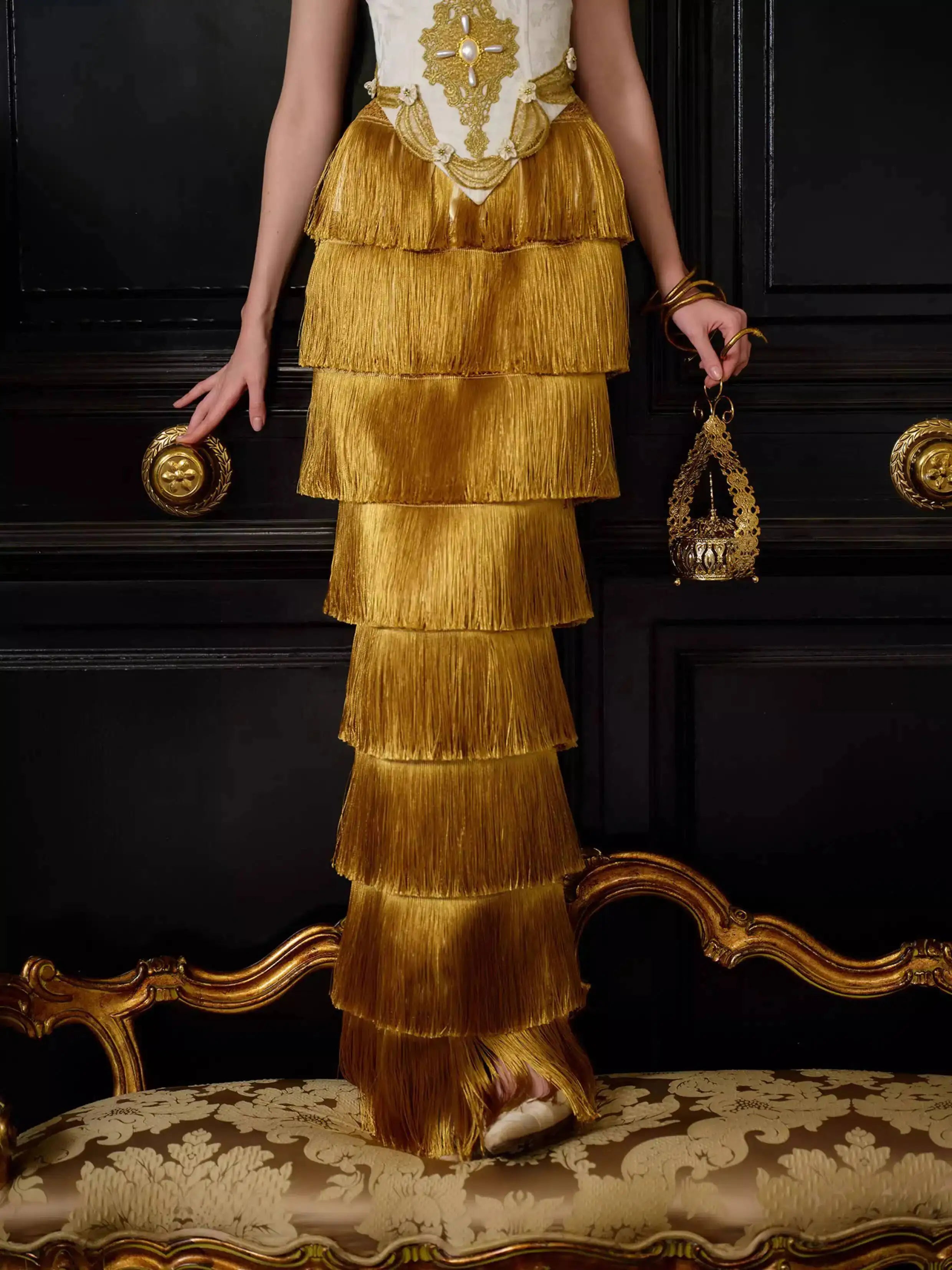 Parisian Palace Style Strapless Corset Gold Tassel Layered French Dress Women Dress