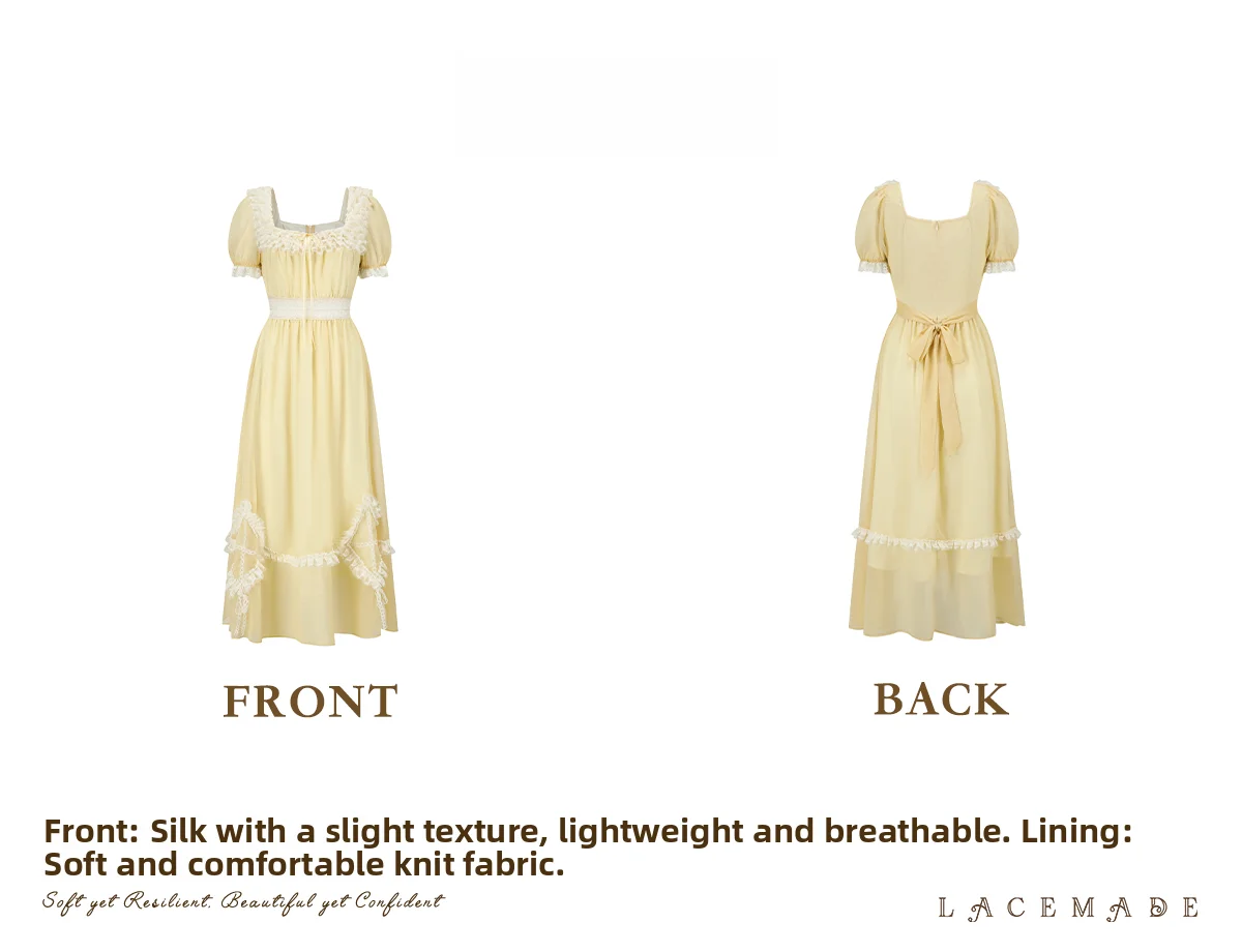 The Provence Lemon Lace Gown | Bubble Sleeve Countryside Midi | Waist-Cinching Princess Dress | Parisian Princess