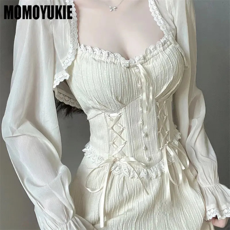 Women Office Casual Ruffle Dress Hollow Out Sleeve One Piece Dress Korean Summer New Fairy French Elegant Solid Mini Dress Party