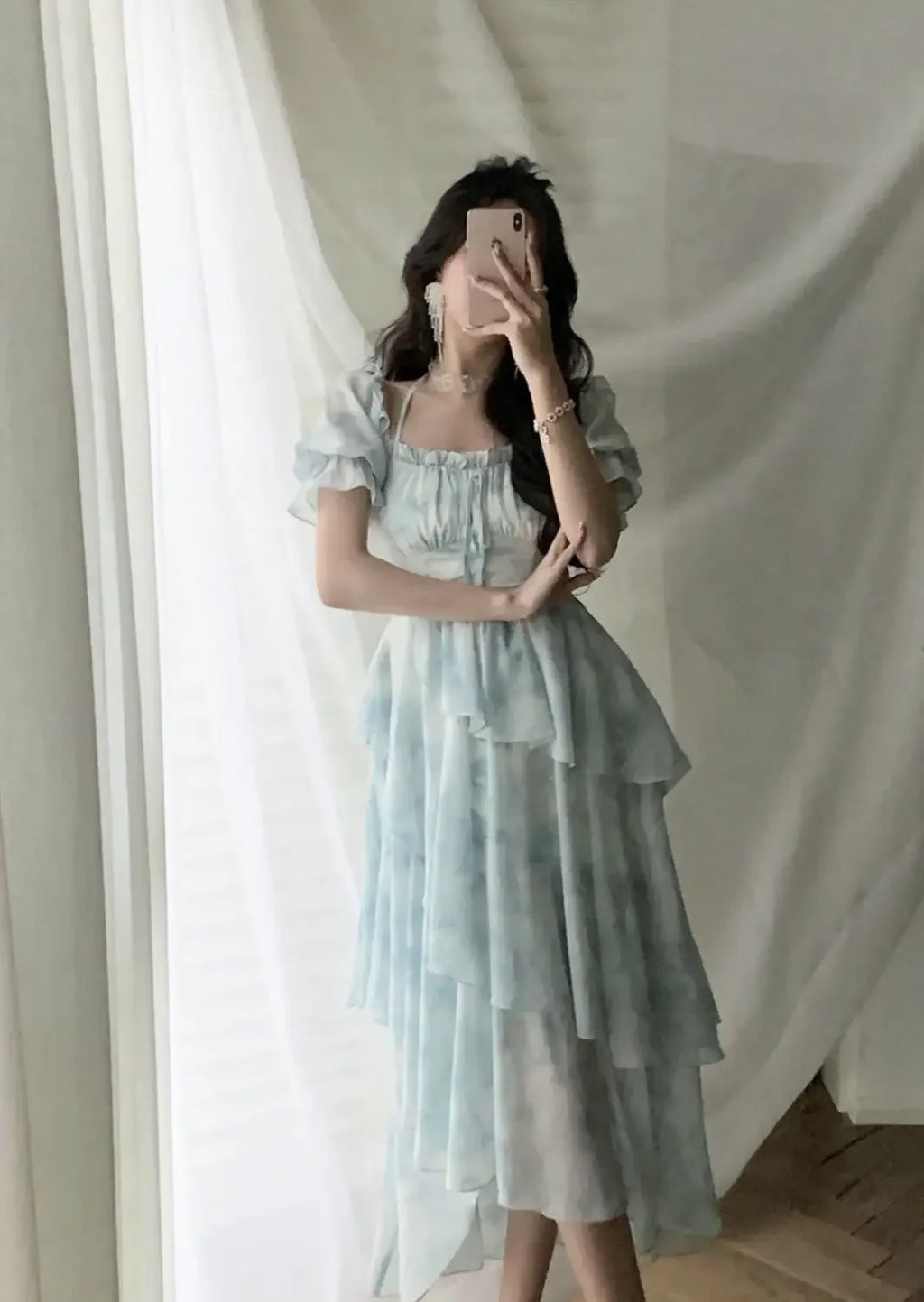 The Giverny Chiffon Gown | French Floral Empire Dress | Square Collar Fold-Detail Midi | Parisian Princess