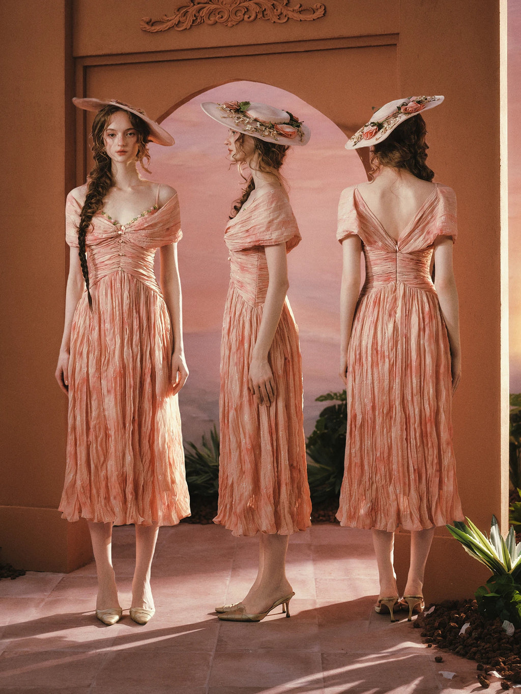 The Caprician Sunset Oil Painting Gown | Coral Shimmer Fairy Skirt | 3/4 Sleeve A-Line Dress | Parisian Princess