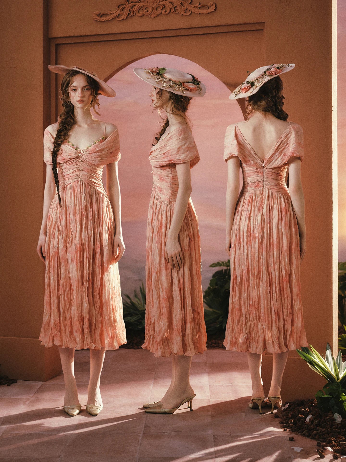 The Caprician Sunset Oil Painting Gown | Coral Shimmer Fairy Skirt | 3/4 Sleeve A-Line Dress | Parisian Princess