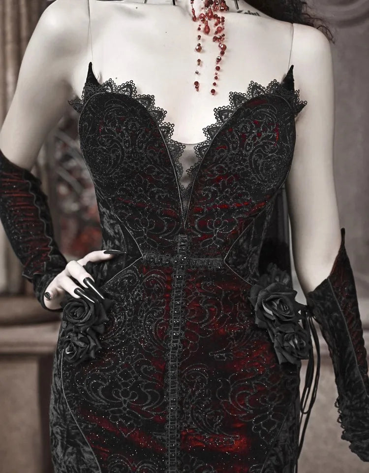 Gothica Original Design Vampire Black Red Dress Lace Patch Gothic Velvet Trumpet Sleeveless Sexy X-Long Dress Halloween