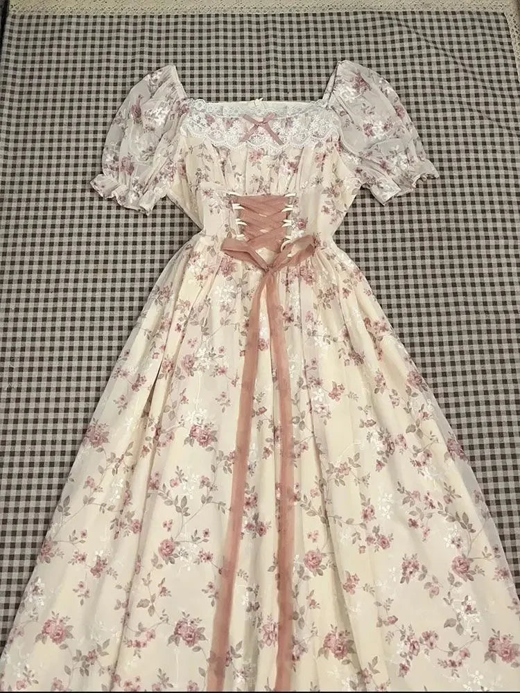 French Sweet Gentle Floral Print Dress Women's Student Summer New Belt Waist Slim Long Skirt Bubble Sleeve Short Sleeve Dress