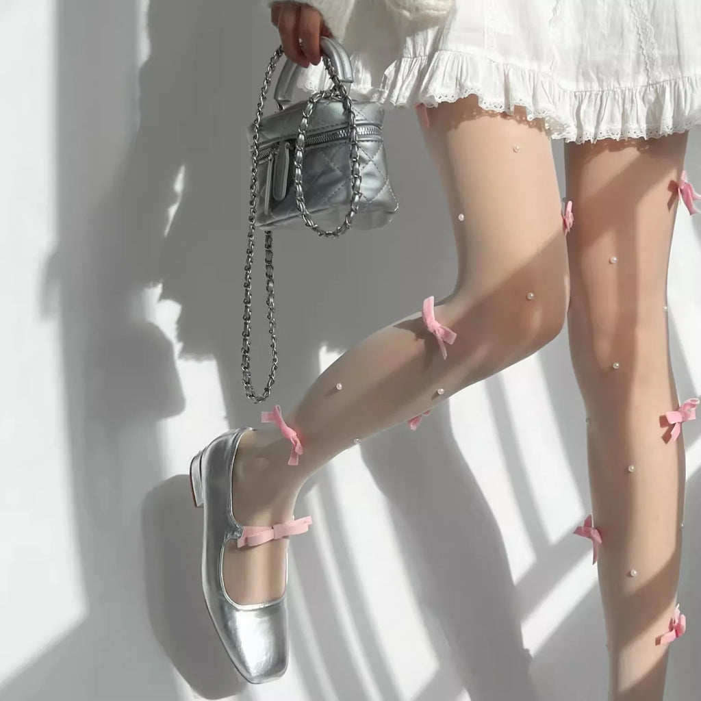 Lolita Pink Velvet Bow Embroidery Pearl Tights Pantyhose Fashion Women Tights JK Lolita Styles Sweet Girls Kawaii Cute Stocking