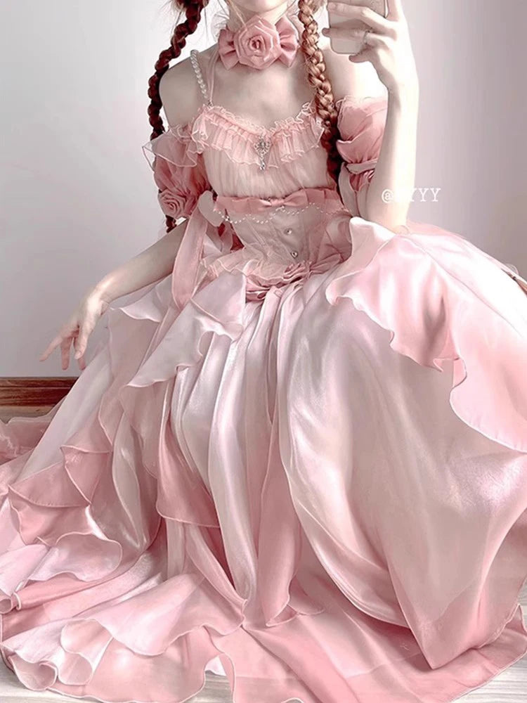The Versailles Fairy Pink Bow Gown | Off-Shoulder Lolita Wedding Dress | Empire Waist Fairy Princess Maxi | Parisian Princess