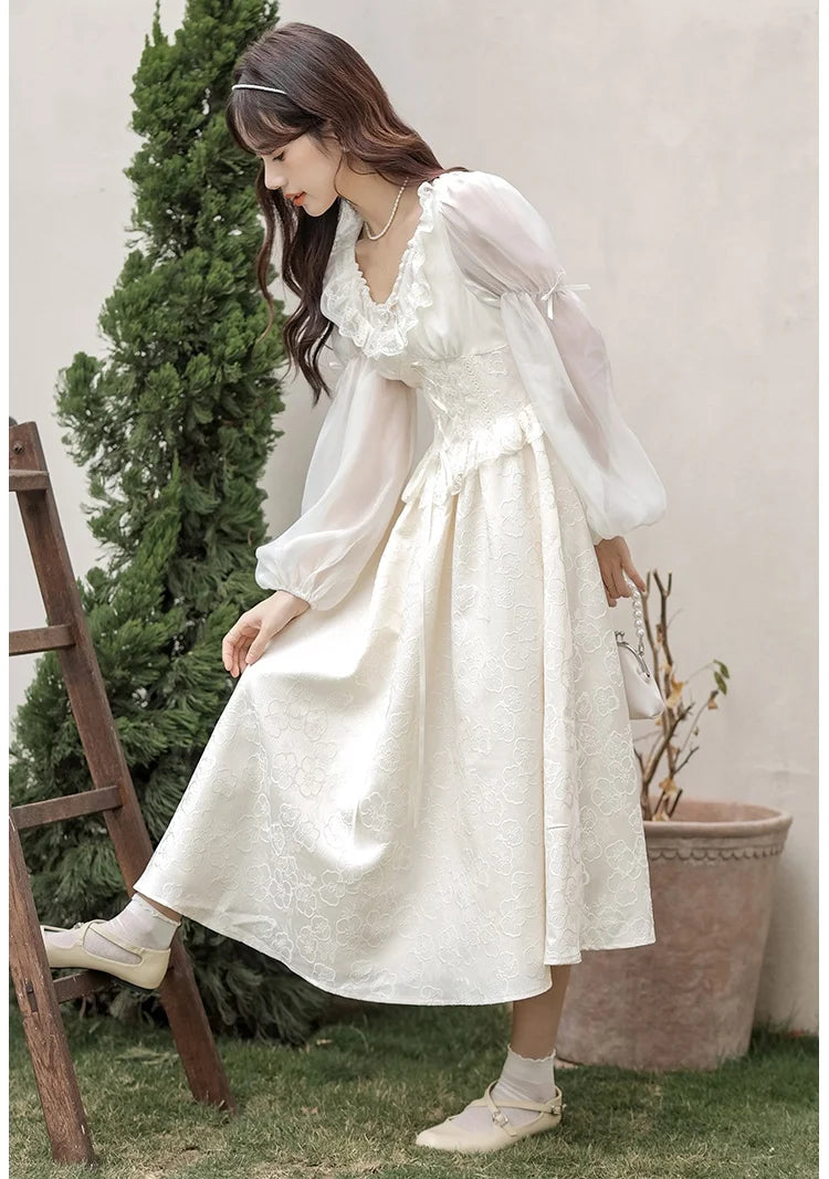 Romantic Lady Fairycore Dresses Vintage Victorian Style Lace Jacquard Lantern Sleeve Lolita Princess Dresses Vestido Festa