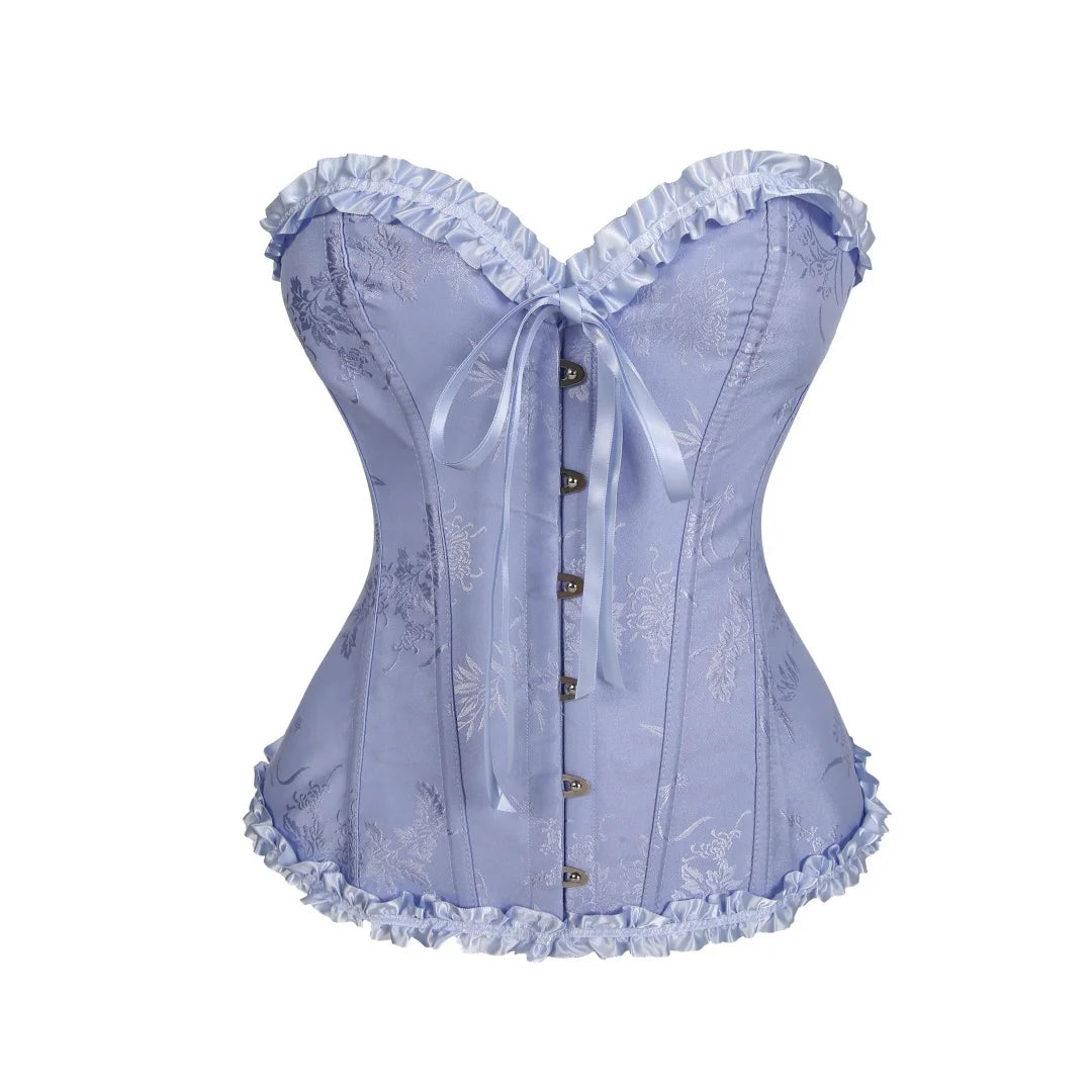 Yellow Jacquard Ruffled Trim Boned Sexy Overbust Push Up Bustier Top Corset Mujer Slimming Corsets For Women Sexy Gothic Clothes