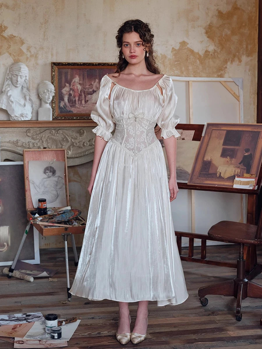 French Renaissance Women Hollow Lace Waist Trainer Dress Satin Glossy Puff Sleeve Midi Long Dress Party Fairy Summer Clothes
