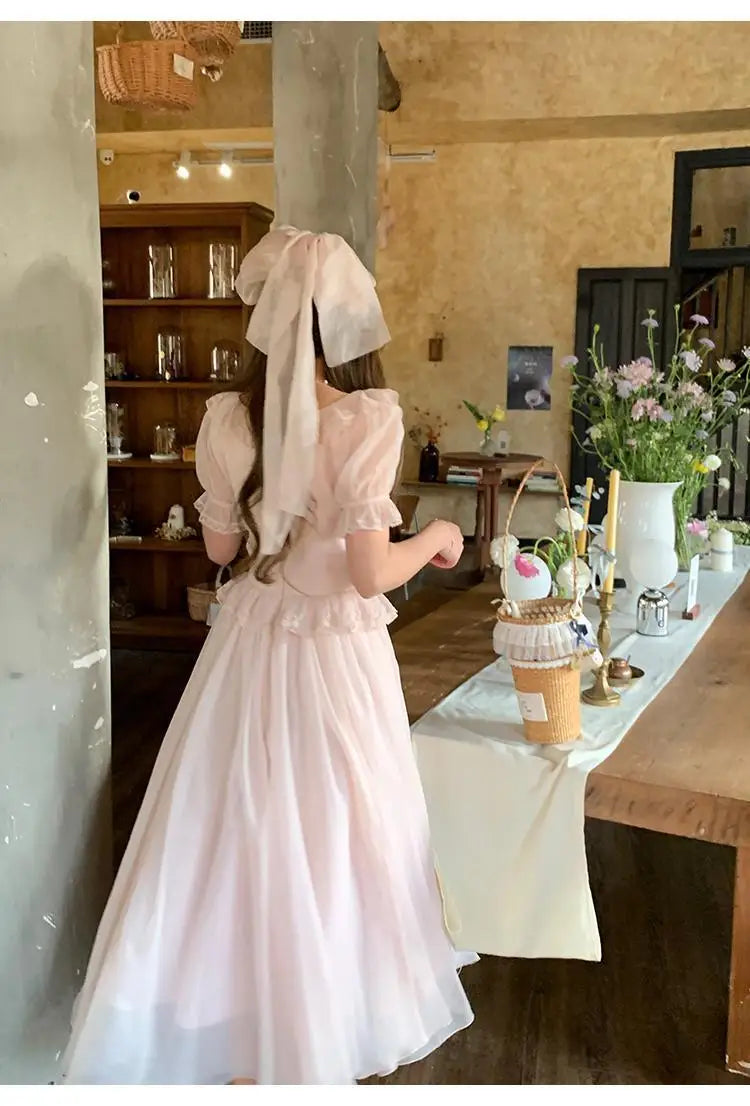 Timeless Signature Parisian Blush Pink Lace Dress French Couture Puff Sleeve Sweet Elegant Max