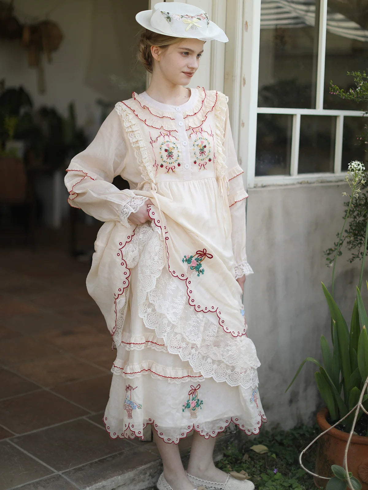 The Antique Botanical Tea Dress | French Forest Girl Embroidery Gown | Loose Fit Cotton-Ramie Jute Aesthetic Midi | Parisian Princess