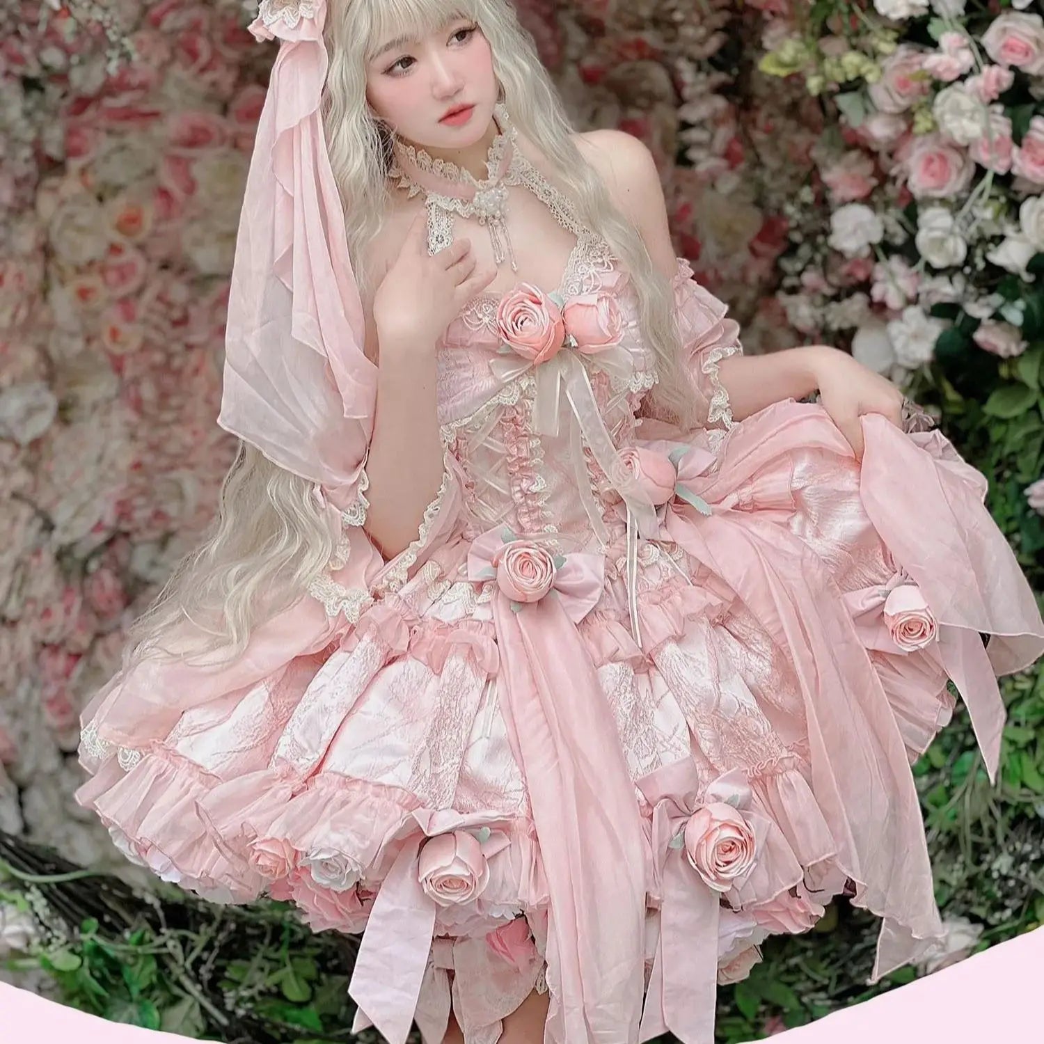 The Storybook Rose Lolita Gown | Pink Fairy Lace Ball Gown | Sleeveless Sweet Lolita Dress | Parisian Princess