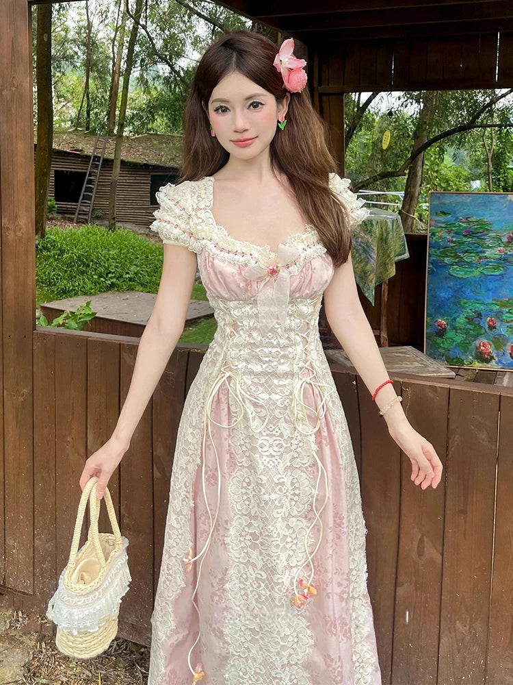 REDDACHiC Medieval Retro Women Party Dress Floral Lace-up Corset Bow Patchwork Midi Long Dress Victorian Renaissance Costume