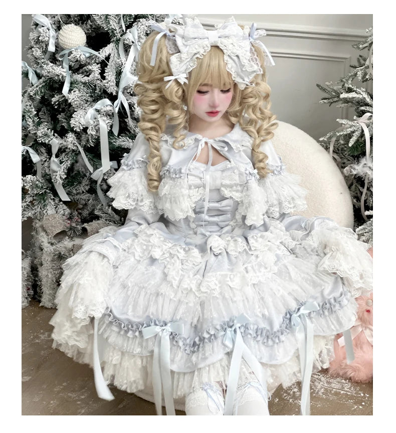 Pink Lolita Princess Dress Women's Bow Lace Heavy Industry Sweet Elegant Birthday Party Evening Dress Lady Suspender Dress Cloak