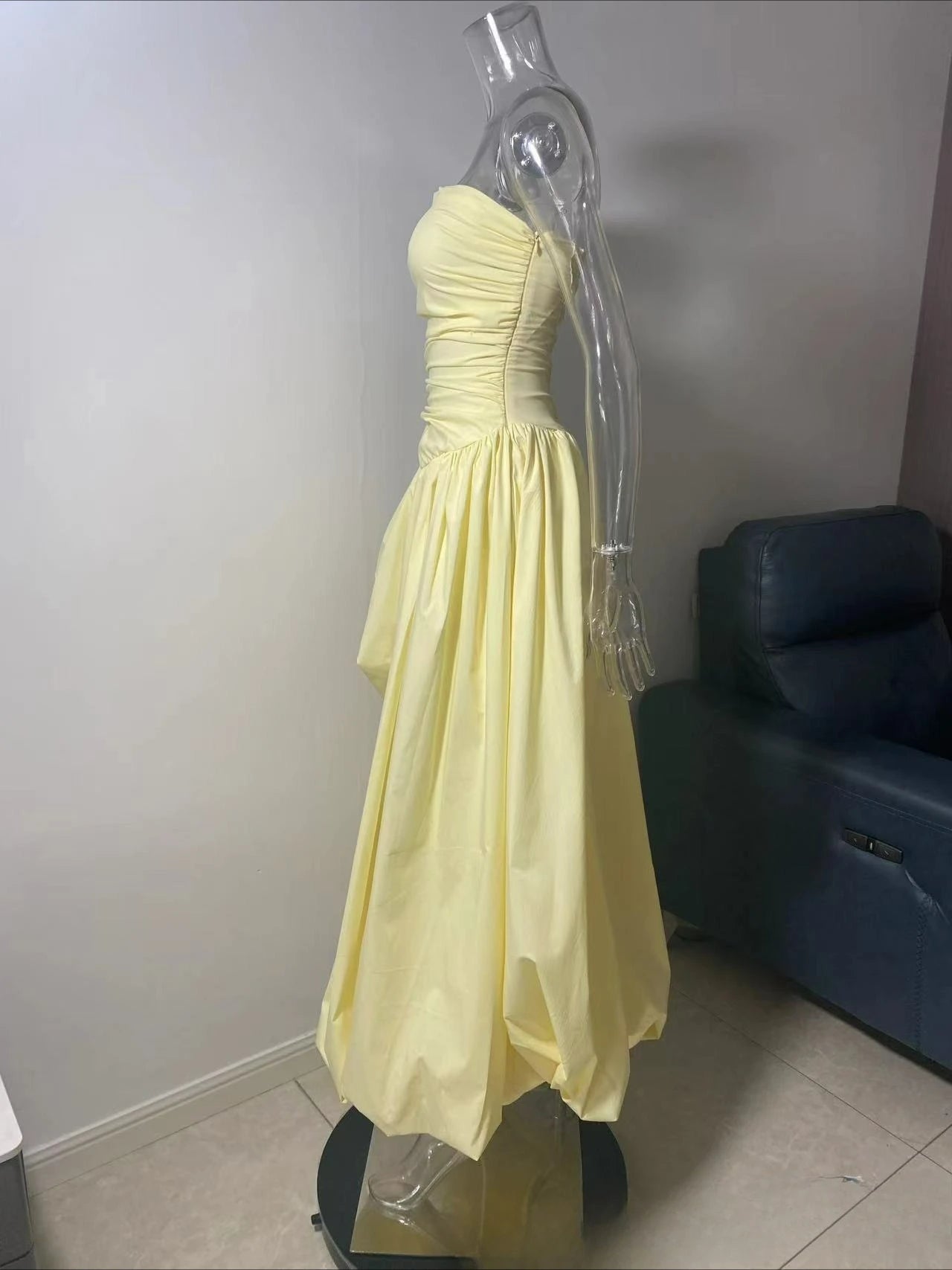 The Trianon Lemon Gown | French Temperament Irregular Lace Pendulum Dress | Yellow Tube Top High-Waist Fit & Flare Maxi | Parisian Princess