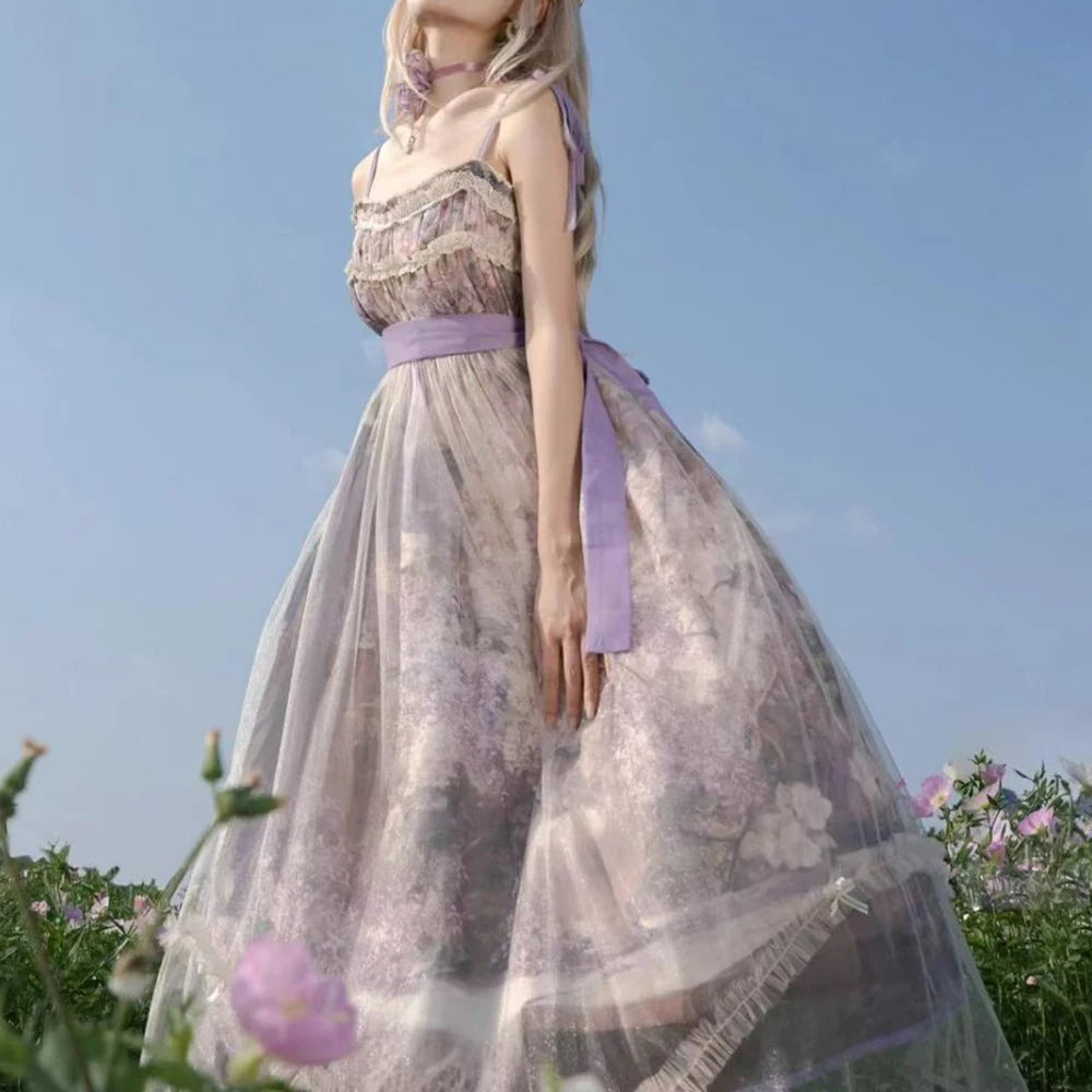 The Lavender Fields Oil Painting Bow Gown: A Parisian Masterpiece | Original Art Print Dress | Parisian Princess