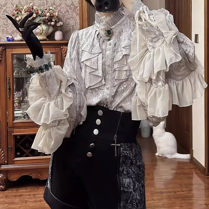 The Dark Academia Archive Shirt | Parisian Gothica Ruffle Stand Collar Blouse | Loose Patchwork Gothic Top | Parisian Princess