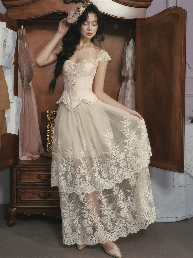 The Rosebud Versailles Lace Set | Pink Bustier & Shimmer Beige Maxi Skirt | Embroidered Two-Piece Gown | Parisian Princess