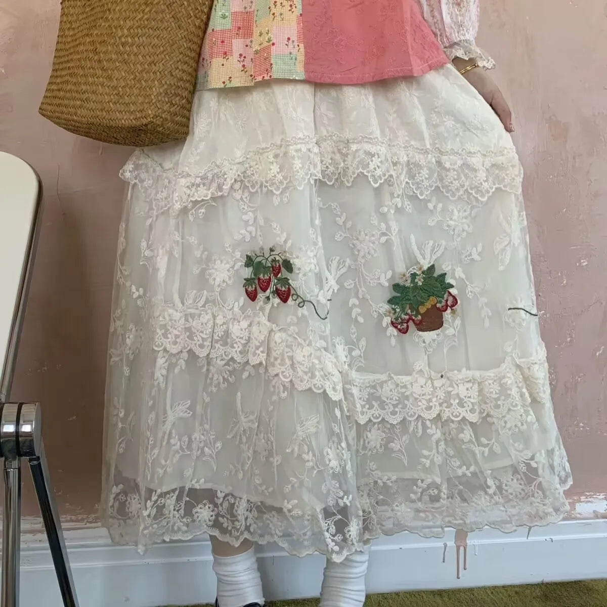 Sweet Lace Fraises Embroidery Long Skirt | French Vintage Ruffled High Waist Pleated Skirt | Parisian Ruffles Palace | Parisian Princess