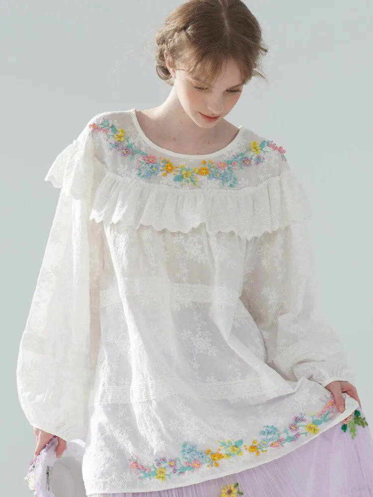The Summer Floral Breeze Blouse | 100% Cotton Oversized White Top | Handmade 3D Embroidered Loose Lace Top | Parisian Princess
