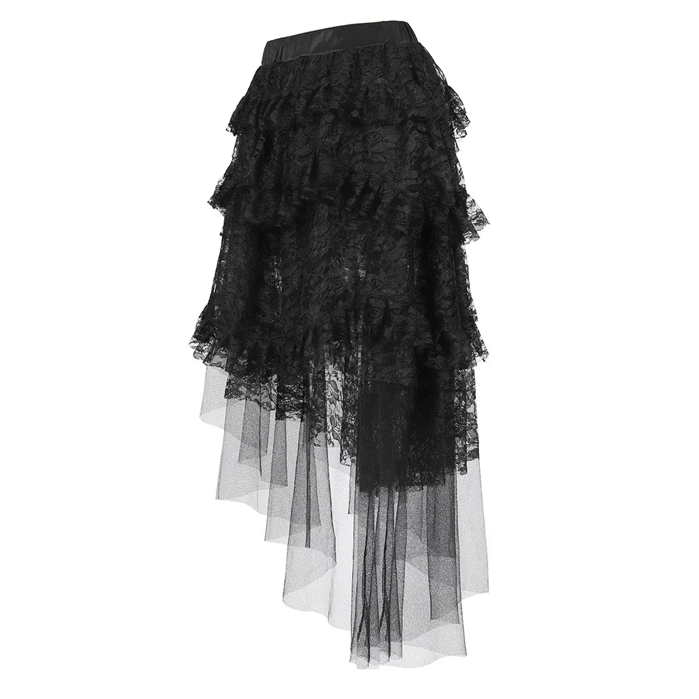 The Midnight Waltz High-Low Gown: A Parisian Noir Masterpiece | Layered Lace & Tulle Asymmetrical Skirt (XS-6XL) | Parisian Princess