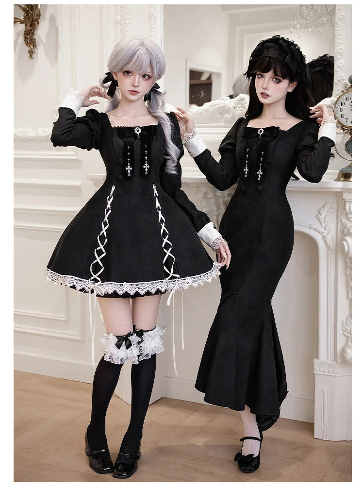 Original French Elegant Court Black Long Mermaid Dresses Op Autumn New Women's Slim Fit Lolita Long Sleeve Dress Gothic Dresses