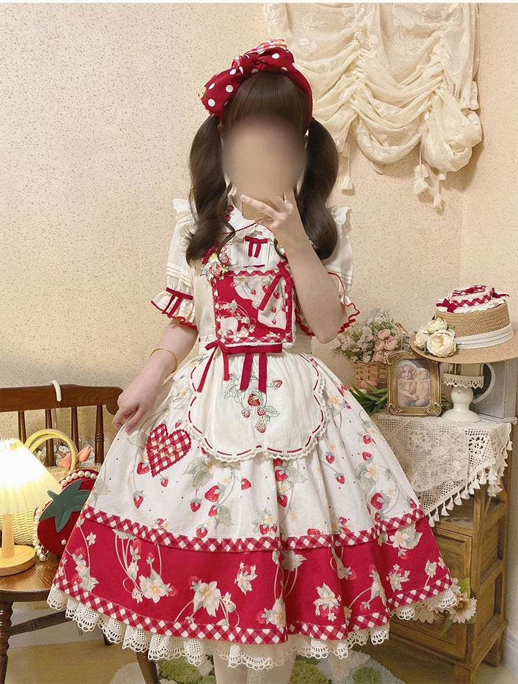 Parisian Cottagecore Original Strawberry Embroidery Cute Apron Soft Girl Sweet Lolita Dress Versatile Apron Women's Y2k Accessories