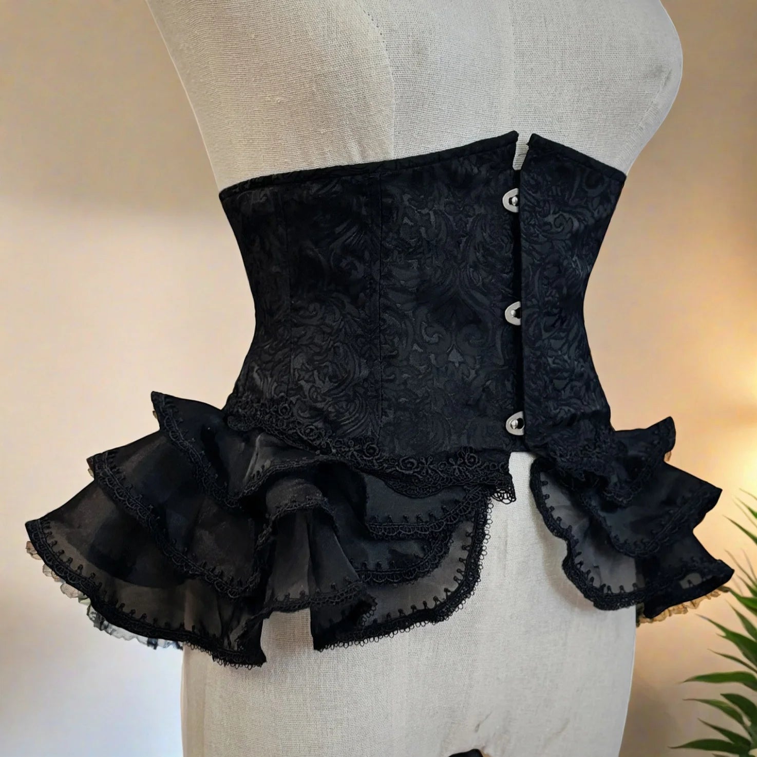 Women Fancy Corset Bustier Underbust Waist Trainer Lace Up Boned Vintage Printed Bodice Lace Ruffles Costume With 3 Metal Buckle