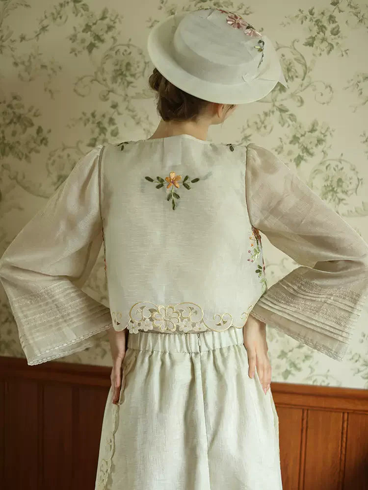 The Trianon Embroidered Vest | French Cotton Floral Waistcoat | Vintage Botanical Tassel Gilet | Parisian Princess