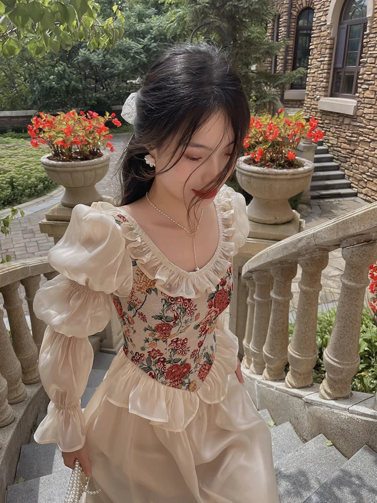 The Trianon Fairy Midi | Vintage Floral Puff Sleeve Prom Dress | Elegant Luxury Print Summer Gown | Parisian Princess