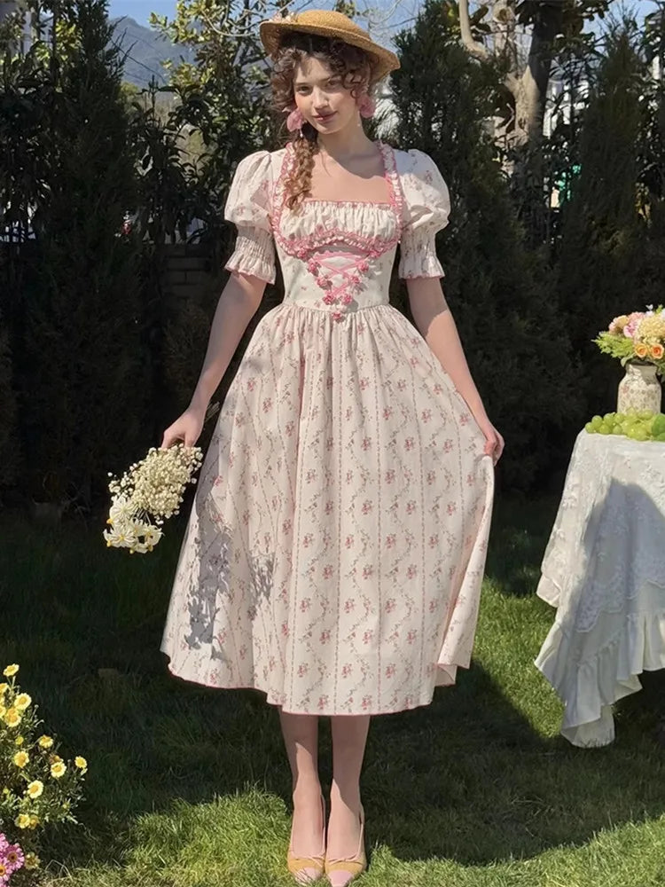 French Long Dress Women Vintage Elegant Slim French Countryside Sweet Floral Dress Soft Comfortable 100%Cotton Dress