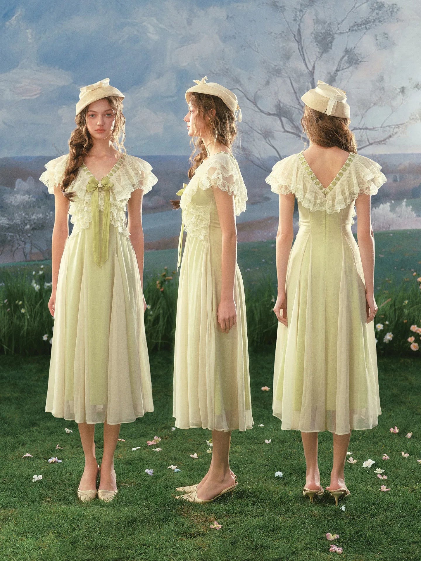 The Spring Meadow Butterfly Lace Gown | French Pastoral V-Neck Midi | Empire Waist Princess Dress | Parisian Princess