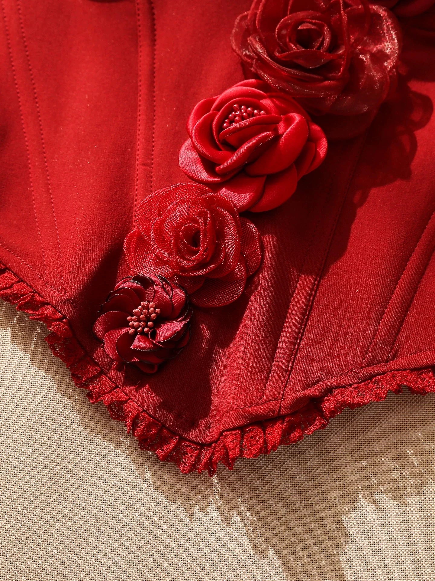 Palace-style elegant red 3D floral corset, stylish solid color corset for hot girls, performance party and evening wear