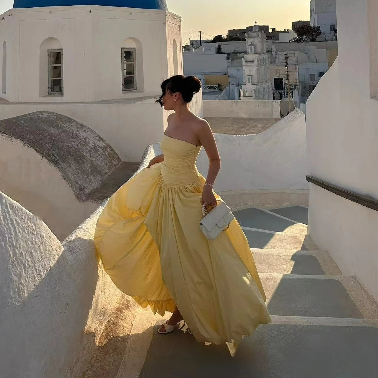 The Trianon Lemon Gown | French Temperament Irregular Lace Pendulum Dress | Yellow Tube Top High-Waist Fit & Flare Maxi | Parisian Princess