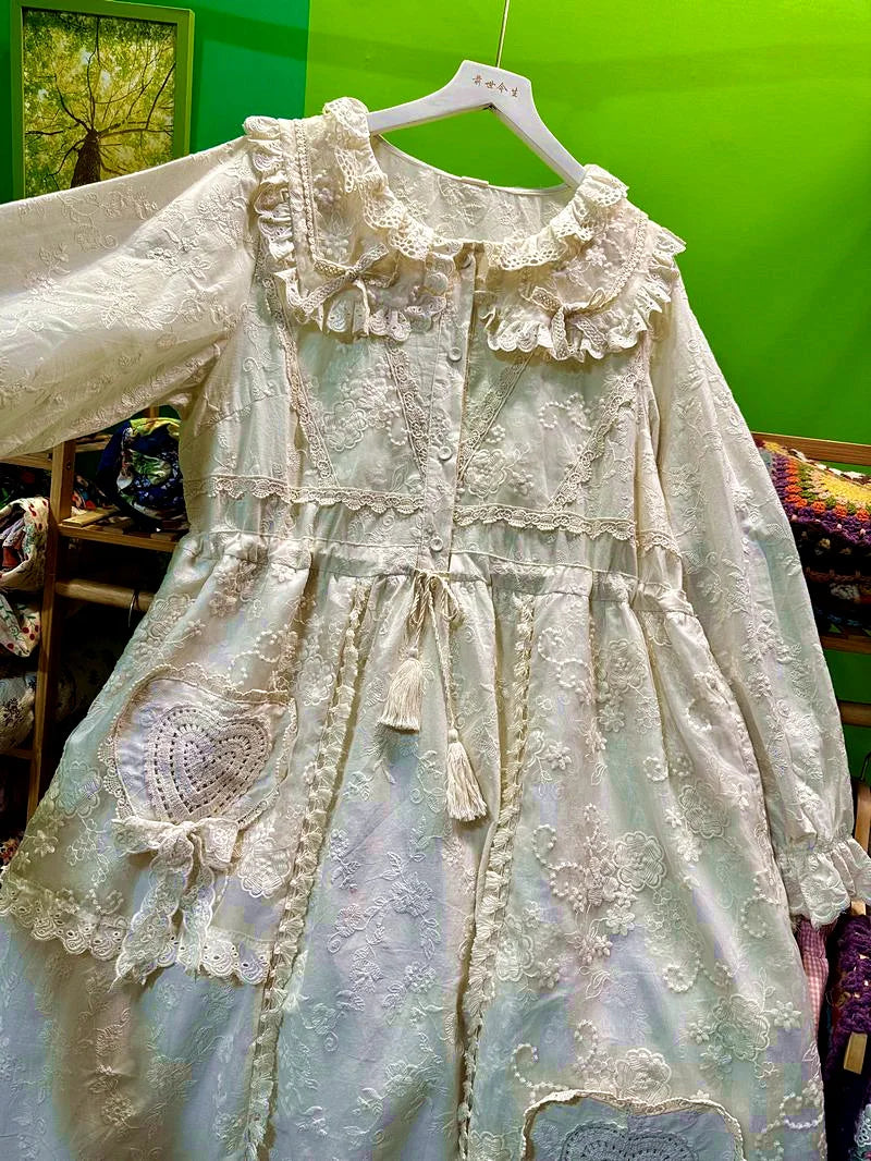 Cottagecore Cotton Autumn Ruffled Lace Sweet Lolita Midi Dress Female Rococo Victorian Parisian Goblincore French Long Dress