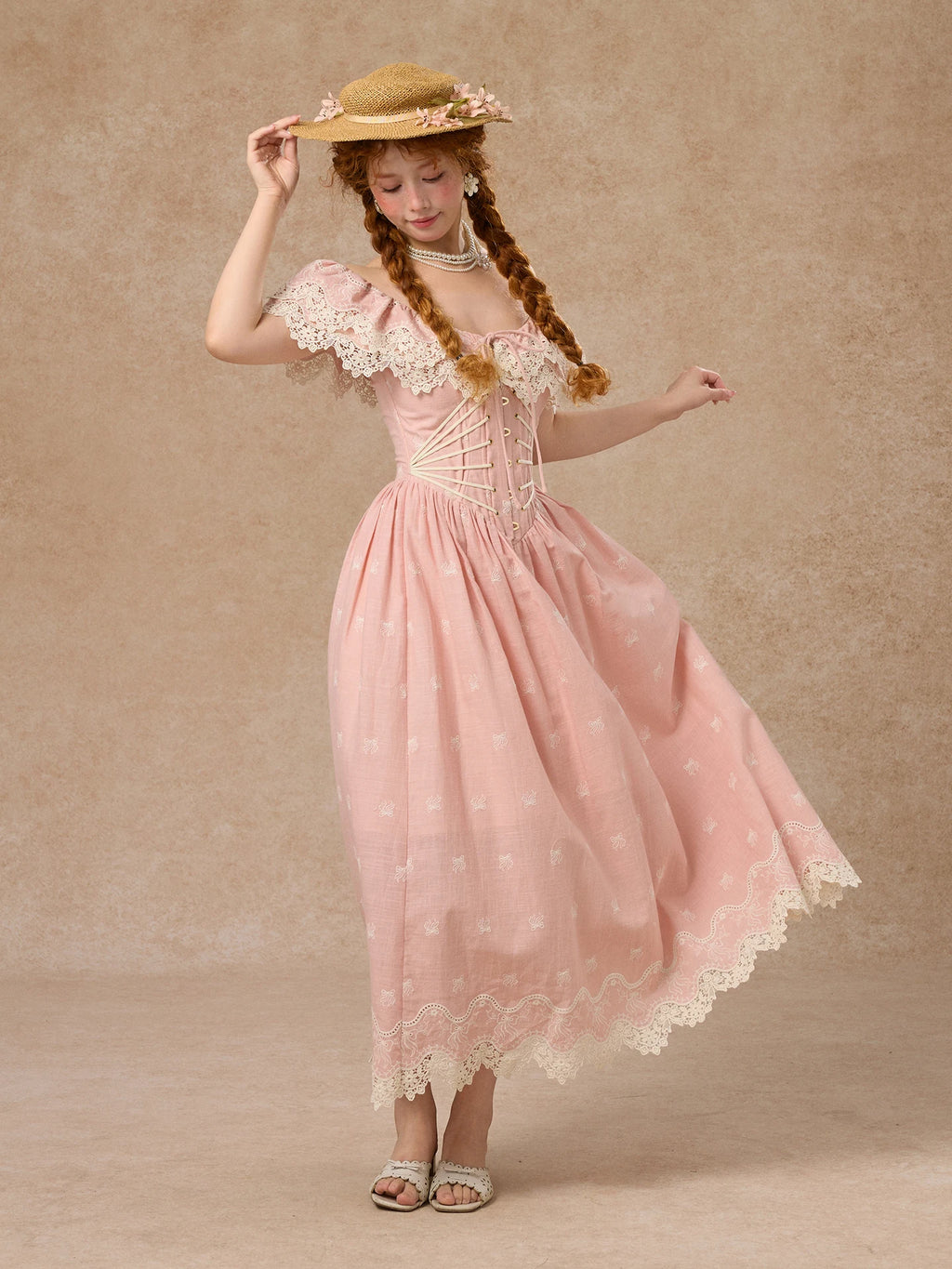 80-102cmSummer Pink Birthday Party Long Dress Women Vintage ElegantSlim Sexy Boat Neck Hollow Out Embroidery Lace Fishbone Dress