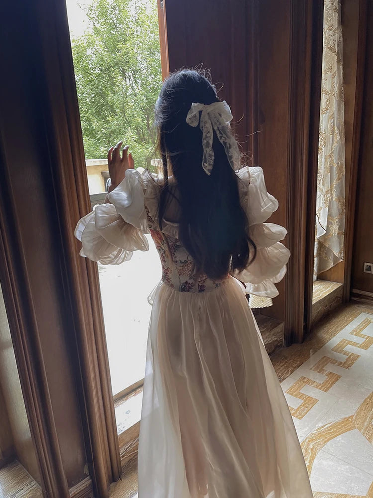 The Trianon Fairy Midi | Vintage Floral Puff Sleeve Prom Dress | Elegant Luxury Print Summer Gown | Parisian Princess
