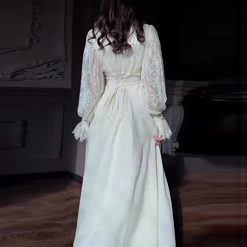 French Sexy Lace Embroidered Jacquard Dress Woman V Neck High Waist Crochet Evening Dresses Autumn Puff Sleeve Tie-up Maxi Dress