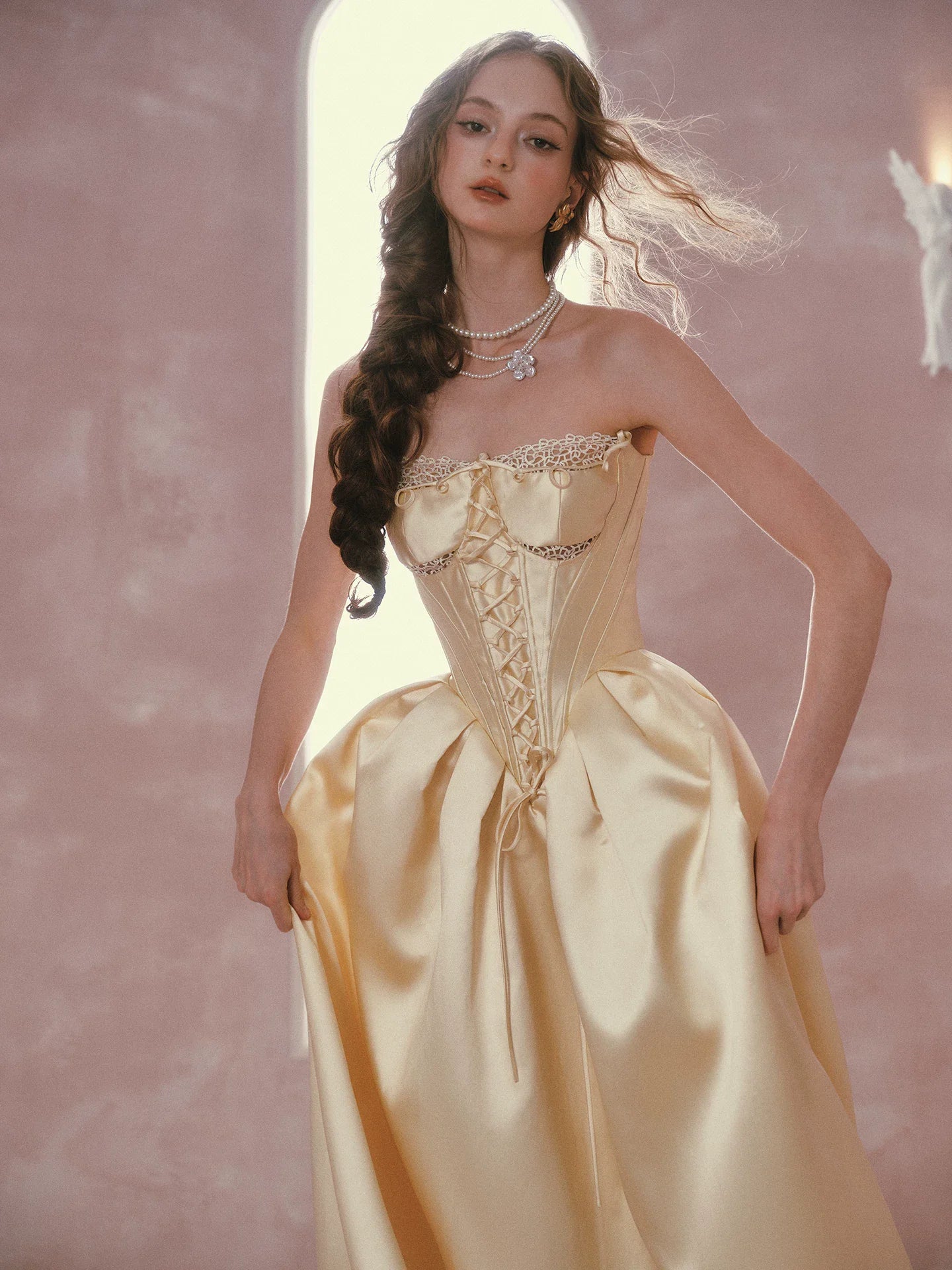 The Lemondrop Love Belle Gown | French Chic Elegant Slim Lace Corset Dress | Strapless Empire Waist Satin Maxi | Parisian Princess