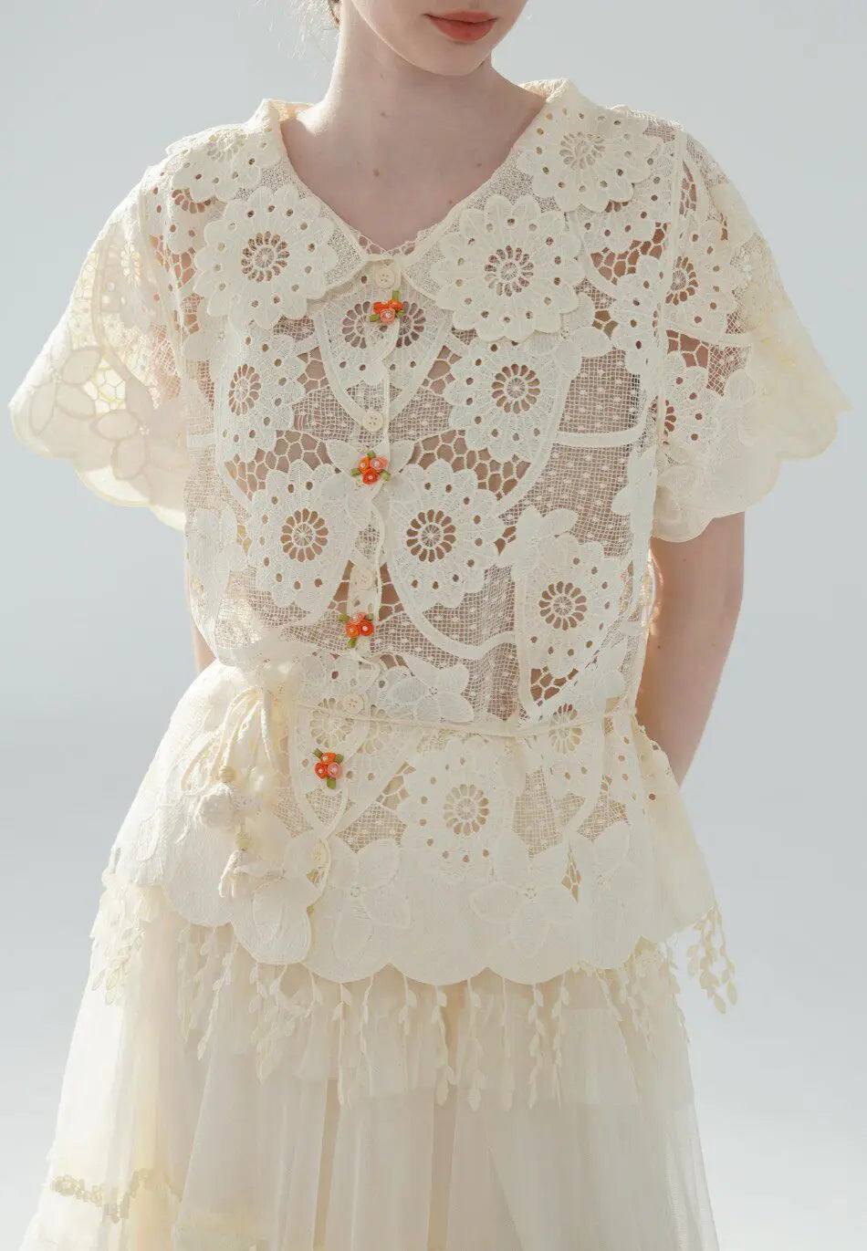 The Palais Cutwork Blouse | Summer Lace Shirt | Handmade 3D Floral All-Over Embroidered Turn-Down Collar Blouse | Parisian Princess