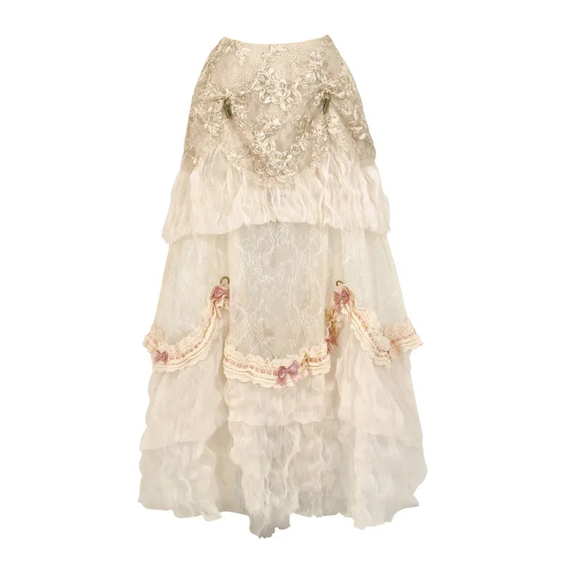 The Amore Lovecore Trailing Princess Skirt | Bustle Lift A-Line Maxi | Removable Bow Lolita Skirt | Parisian Princess