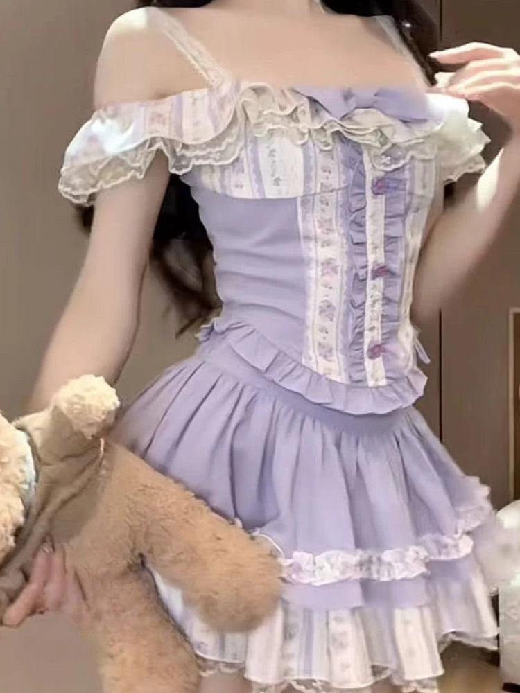 Sweet Parisian 2-Piece Dress Set Women Sexy Off-Shoulder Corset Tops + Mini Cake Skirt French Court Casual Parisian Chic Outfit New