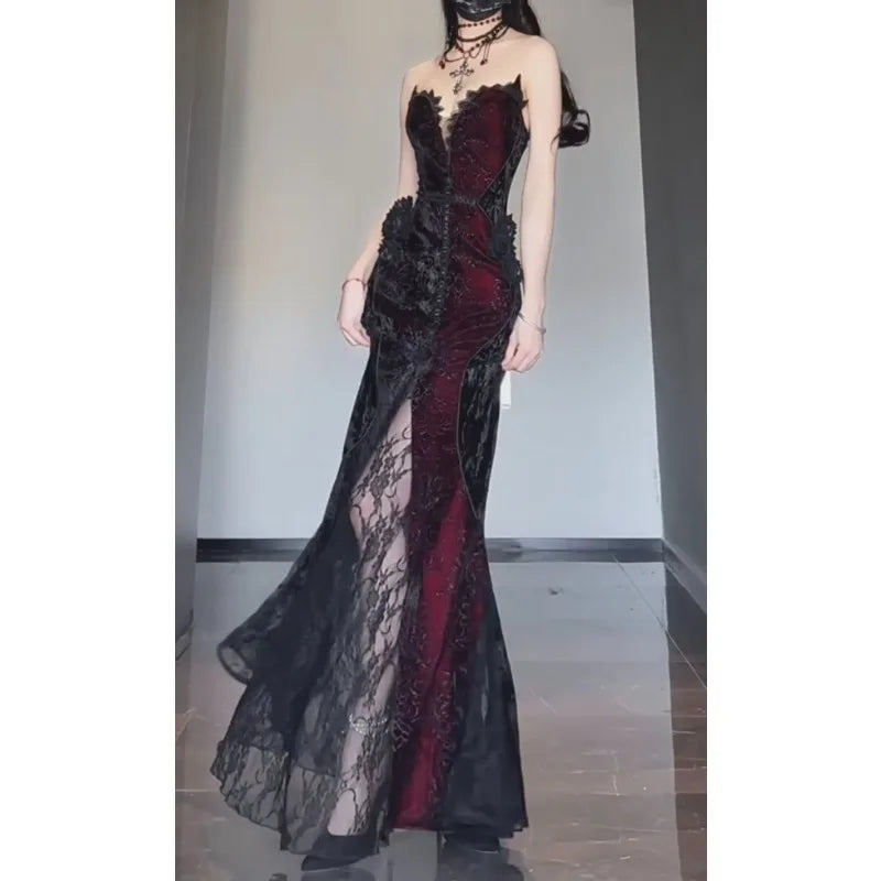 The Vivienne Noir Manteau | Gothic Grunge Lace Mini | Dark Academia Slash Neck Party Dress | French Festival Prom Gown