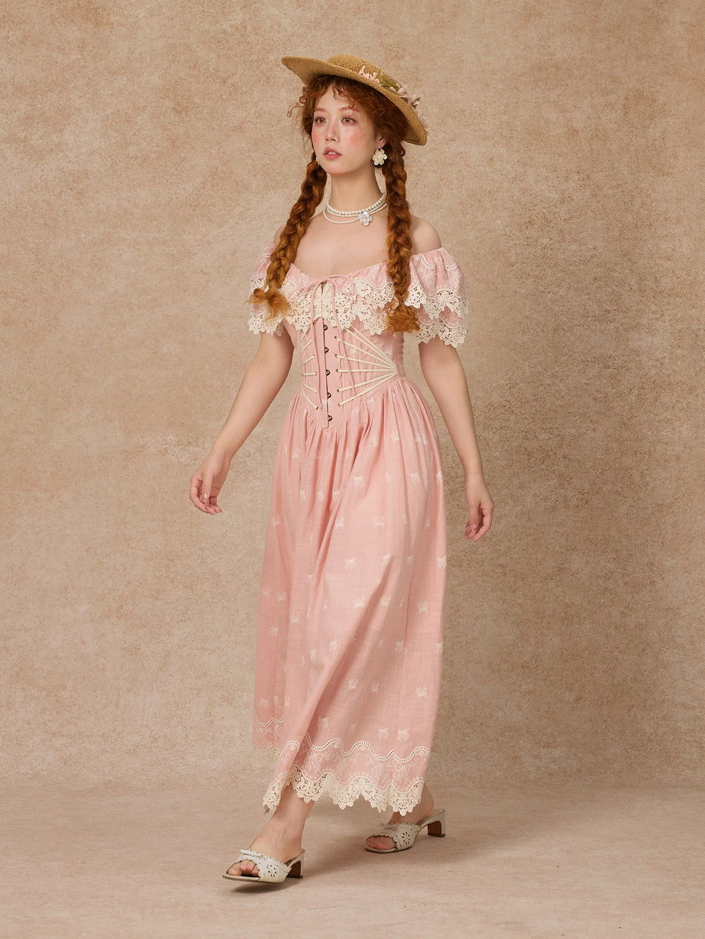 80-102cmSummer Pink Birthday Party Long Dress Women Vintage ElegantSlim Sexy Boat Neck Hollow Out Embroidery Lace Fishbone Dress